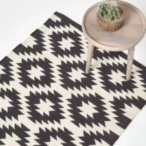 Image of Zurich Handwoven Black and White 100% Cotton Geometric Pattern Kilim Rug, 90 x 150cm - Black - Homescapes