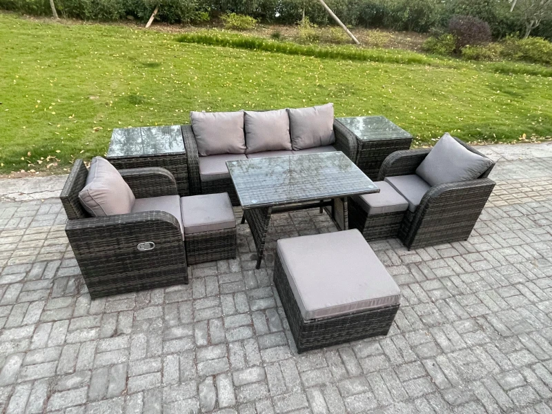 Image of Fimous Rattan Wicker Garden Furniture Patio Conservatory Sofa Set with Rectangular Dining Table Reclining Chair 3 Seater Sofa Dark Grey