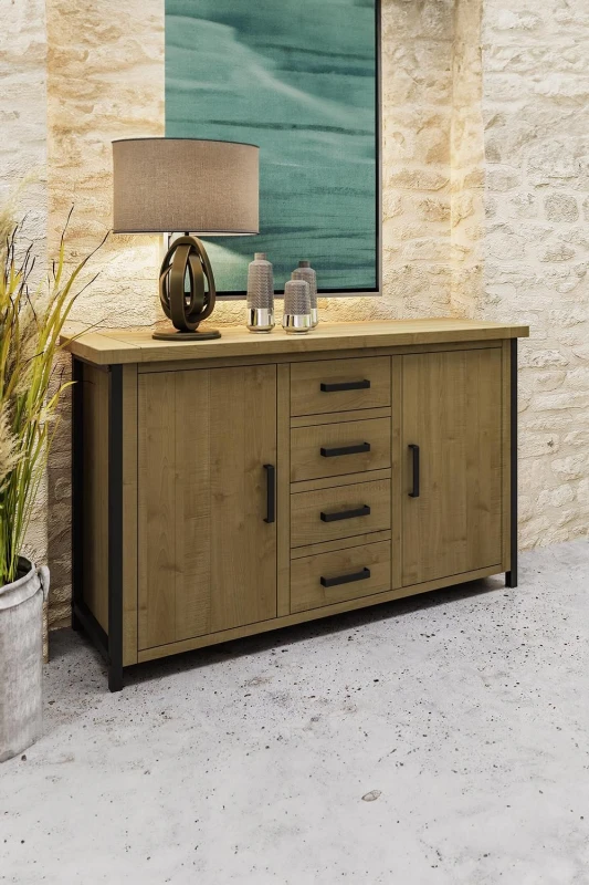 Image of FW Style Lowry 2 Door 4 Drawer Large Sideboard Driftwood Lacquered Solid Reclaimed Pine, Brown LOW05
