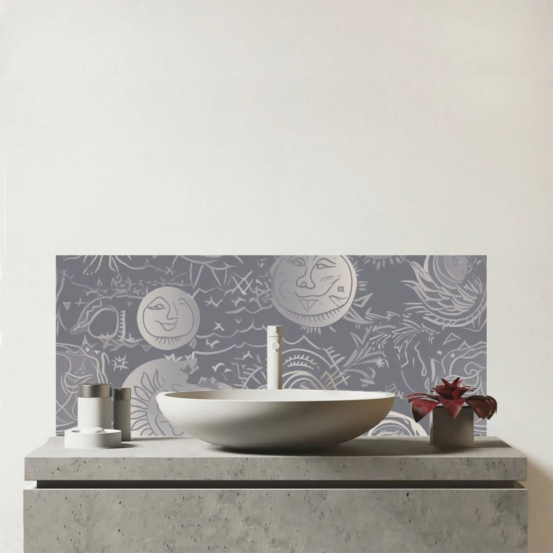 Image of Warren Reed - Designer Sun & Moon in Grey Glass Bathroom Splashback Grey Unisex