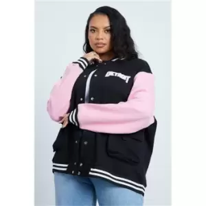 Image of I Saw It First Black & Pink Plus Size Colour Block Pocket Detail Bomber Jacket - Black