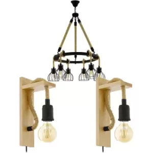 Image of 6 Bulb Ceiling Pendant & 2x Matching Wall Lights Black Rope Trendy Feature Lamp