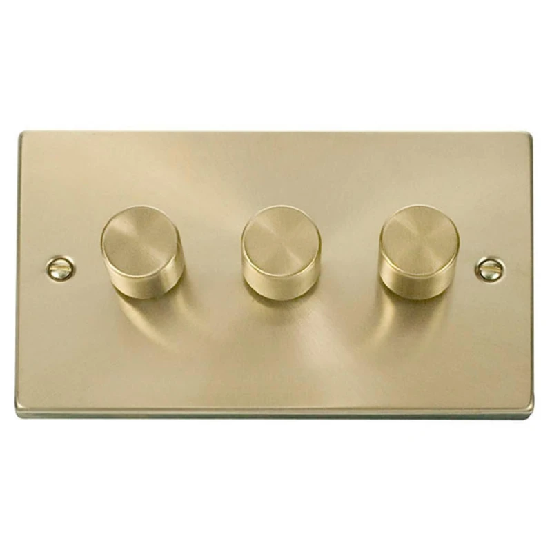 Image of SE Home Satin / Brushed Brass 3 Gang 2 Way LED 100W Trailing Edge Dimmer Light Switch Gold