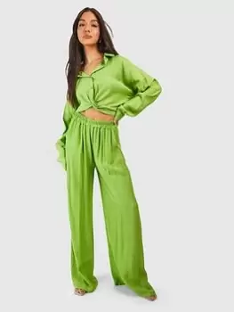 Image of Boohoo Crinkle Relaxed Wide Leg Trousers - Chartreuse, Green, Size 14, Women