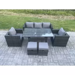 Image of Fimous 5 Seater Outdoor Dark Grey Rattan Lounge Complete Sofa Set with Regular Dining Table and 2 Stools