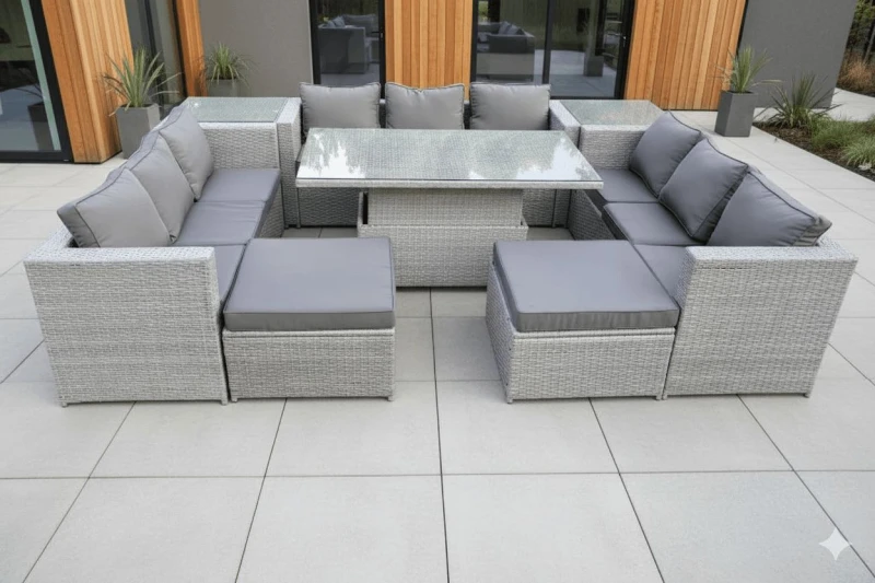 Image of Fimous 11 Seater PE Rattan Garden Funiture Set Adjustable Rising Lifting Table Sofa Dining Set with 2 Side Tables Light Grey