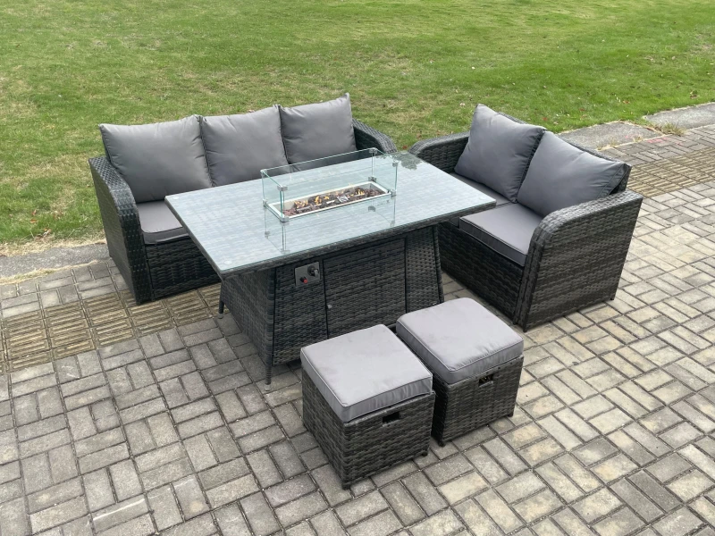Image of Fimous PE Wicker Outdoor Rattan Garden Furniture Set Propane Gas Fire Pit Table and Sofa set with 2 Small Footstools Dark Grey