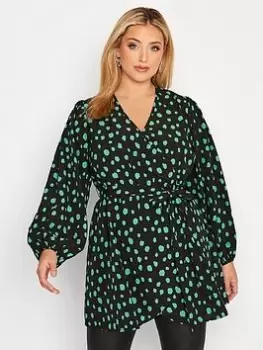 Image of Yours Balloon Sleeve Wrap Top Green Black, Green, Size 26-28, Women