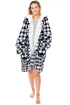 Image of Zip Up Houndstooth Oversized Sherpa Fleece Hoodie Blanket