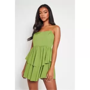Image of I Saw It First Olive Green Woven Cami Strap Sleeveless Tiered Mini Dress - Green
