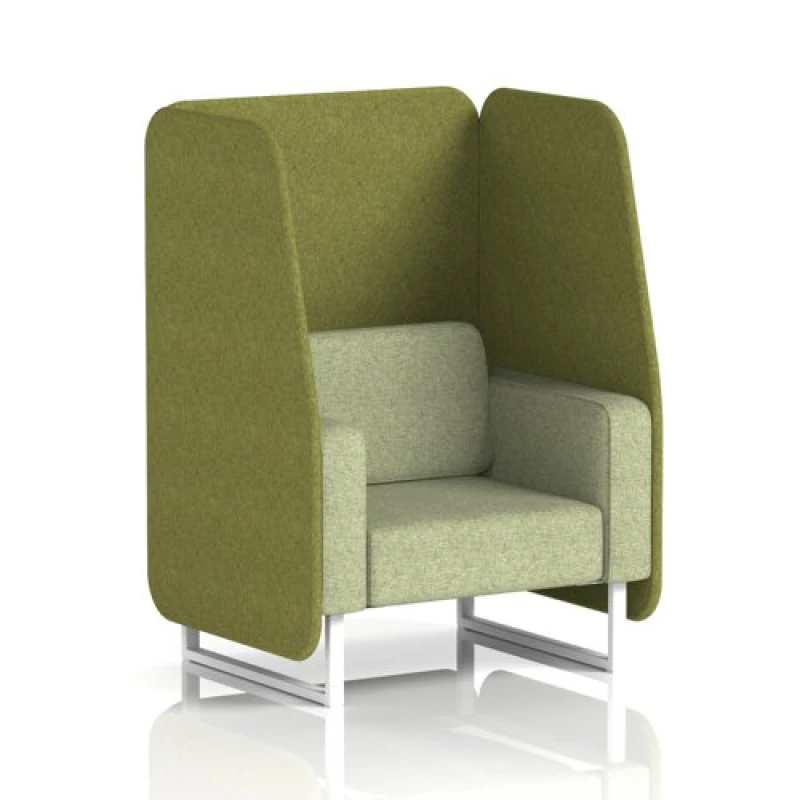 Image of Brixworth 1 Seater Open Office Booth with White Legs in Rivet Fabric - Olive Panels and Burnish Sofa