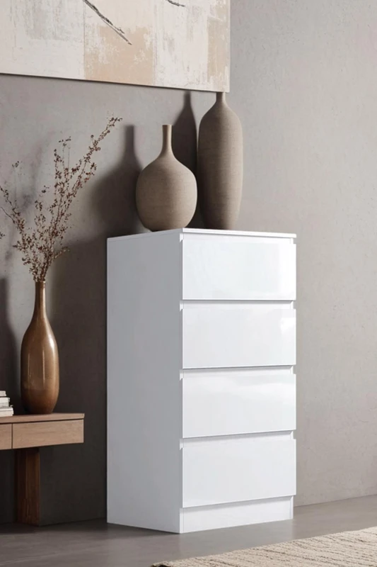 Image of FWStyle White Gloss 4 Drawer Chest Of Drawers Bedroom Storage Furniture White