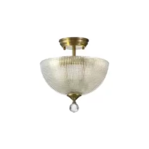 Image of Dresden 2 Light Semi Flush Ceiling Lamp E27 With Round 30cm Prismatic Effect Glass Shade Antique Brass, Clear