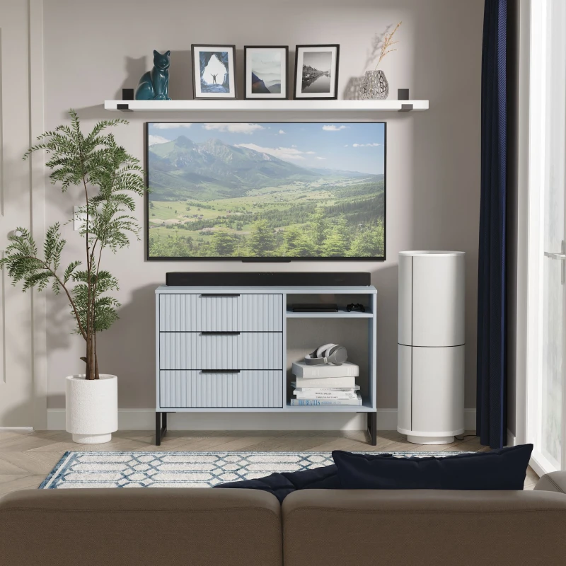 Image of Ready Assembled 2 U Menai 3 Drawer TV Unit (Ready Assembled) in Light Blue Light Blue Unisex