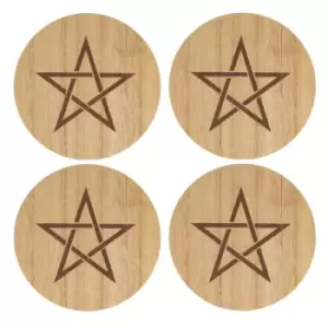 Image of Engraved Pentagram Wooden Pine Coaster Set with Twine