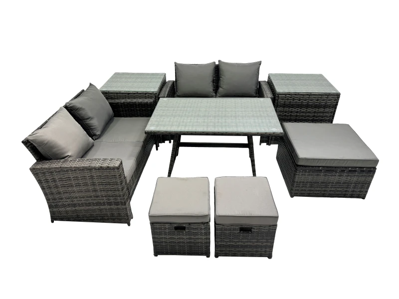 Image of Fimous 7 Seater Outdoor Table Double Seat Sofa 3 Stools 2 Side Table Set in Dark Grey Dark Grey Unisex