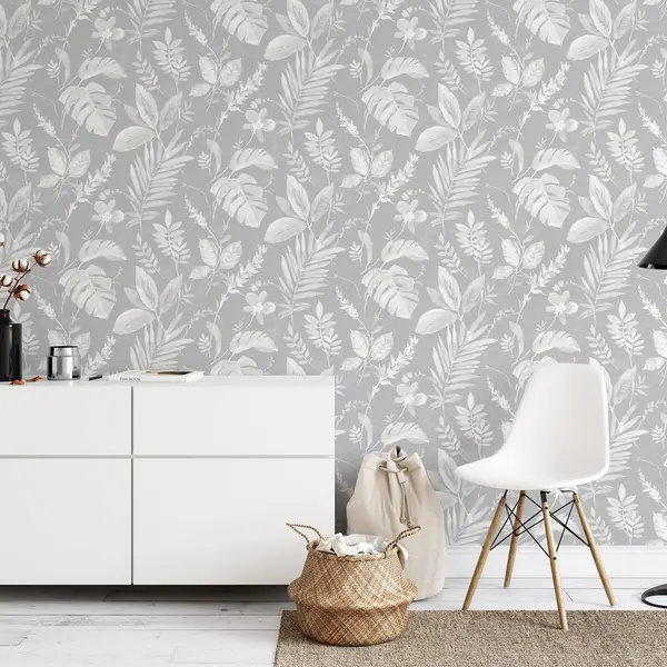 Image of Muriva Tane Leaf Wallpaper, Grey
