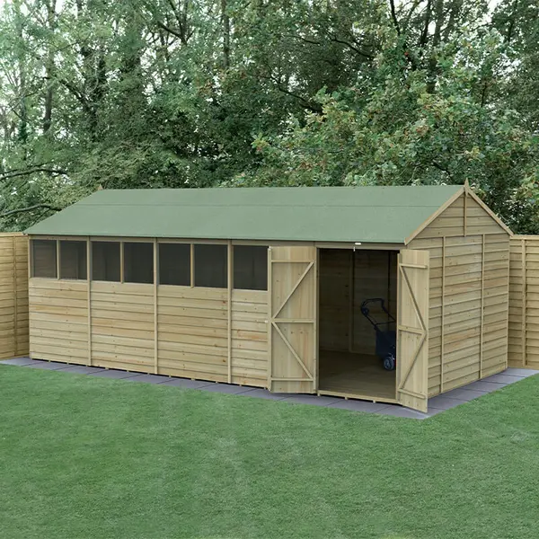 Image of 20' x 10' Forest 4Life 25yr Guarantee Overlap Pressure Treated Double Door Reverse Apex Wooden Shed - 8 Windows (5.96m x 3.21m)