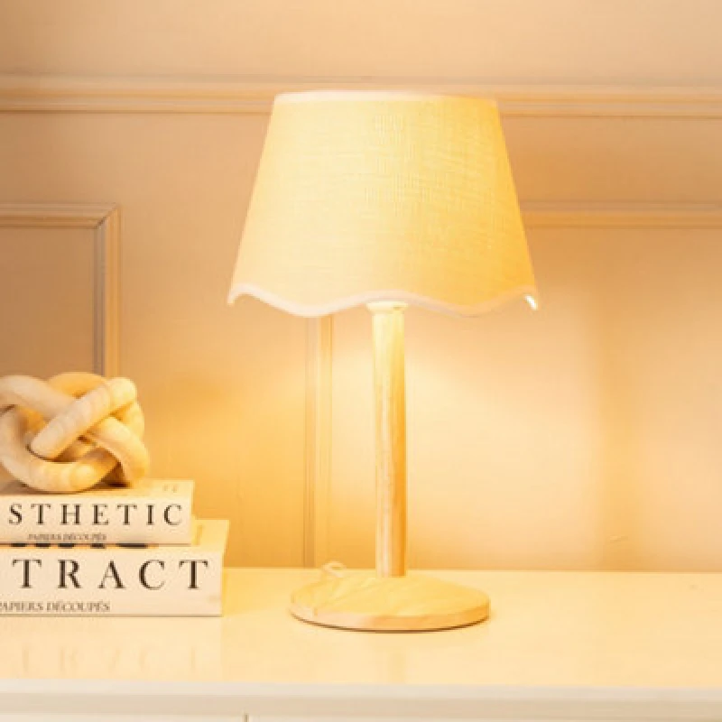 Image of ValueLights Triston Natural Light Wood Table Lamp with Scallop Trim Tapered Shade & LED Bulb White