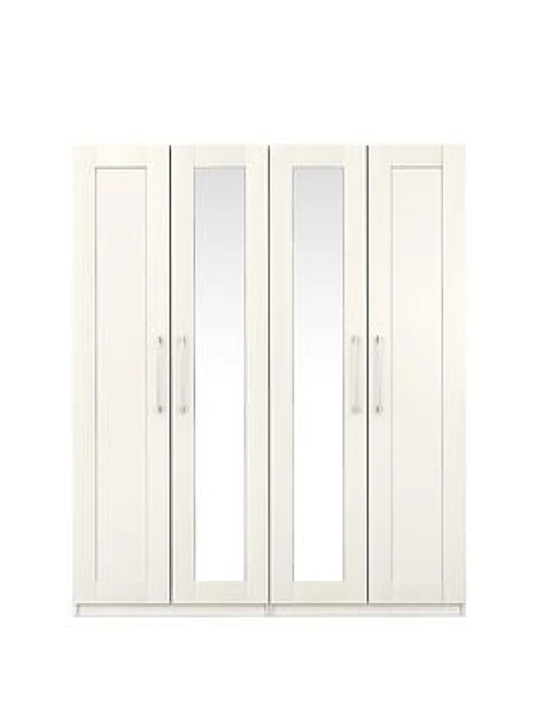 Image of One Call Furniture Avignon 4 Door Wardrobe With Two Mirrors Ready Assembled Light Grey ANLGR4DRM