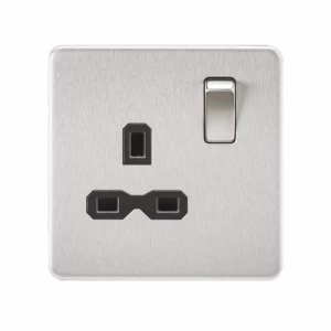 Image of KnightsBridge 1G 13A 230V Screwless Brushed Chrome UK 3 Pin Switched Electrical Wall Socket - Black Insert