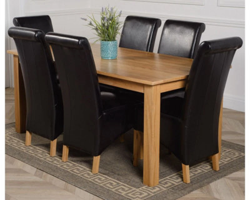 Image of Thats Furniture Oslo 180 x 90cm Large Oak Dining Table & 6 Montana Leather Chairs in Black Unisex 180 x 90 cm