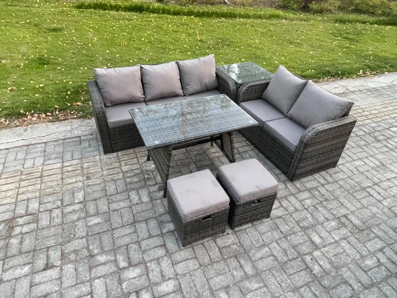 Image of Fimous High Back PE Rattan Sofa Set Outdoor Garden Furniture Dining Table Set Love Sofa 3 Seater Sofa 2 Small Footstool Dark Grey