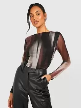 Image of Boohoo Printed Mesh Top - Multi, Size 12, Women