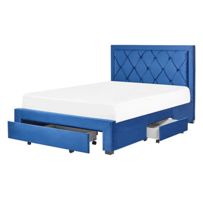 Image of Beliani Bed With Storage Drawers Velvet Lievin 140 X 200 Cm (Eu Double) Navy Blue