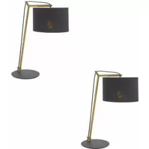 Image of 2 pack Brass Plated Angular Table Lamp - Black Base & Cotton Shade - Desk Light