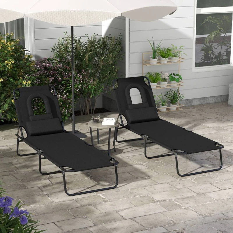 Image of Outsunny Outsunny - Folding Sun Lounger Set of 2 Reclining Chair with Reading Hole Black 5056725390549