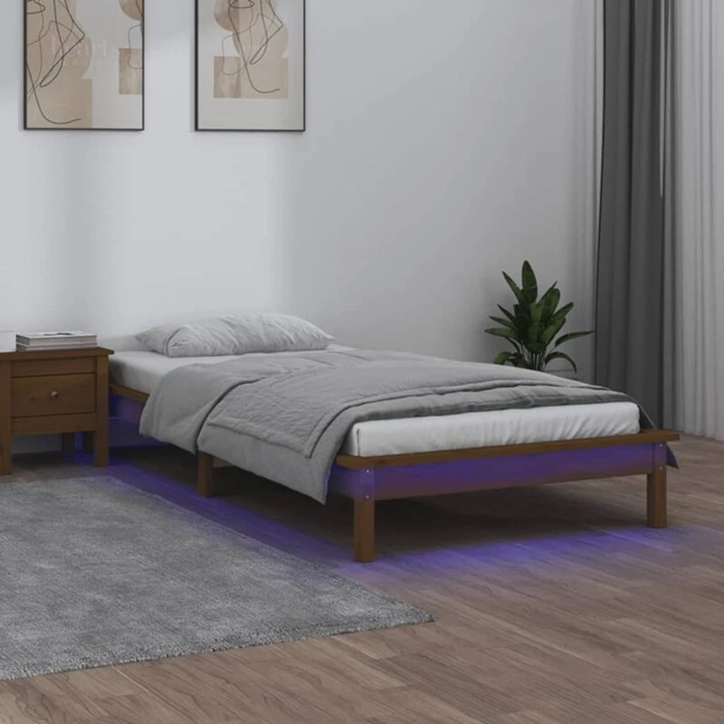 Image of vidaXL LED Bed Frame Honey Brown 90x200cm Solid Wood, Brown 820594