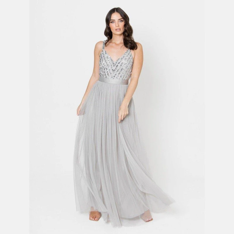 Image of Maya Deluxe Maya Soft Grey Sleeveless Stripe Embellished Maxi Dress Soft Grey female 8 (XS)