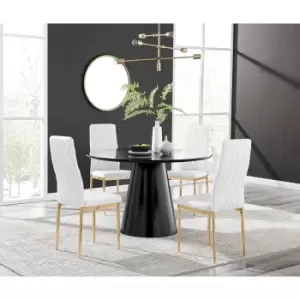 Image of Furniture Box Palma Black Semi Gloss Round Dining Table and 4 White Milan Gold Leg Chairs