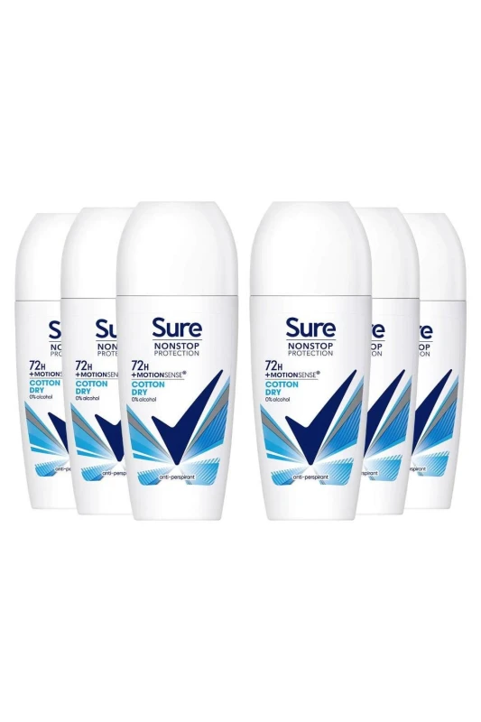 Image of Sure Women Motion Sense 'Deodorant Roll-on' 72H Nonstop, Cotton Dry, 6x50ml White female