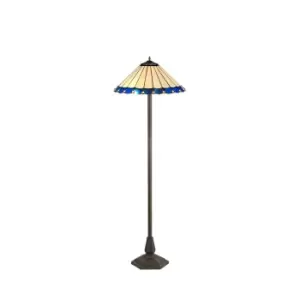 Image of 2 Light Octagonal Floor Lamp E27 With 40cm Tiffany Shade, Blue, Crystal, Aged Antique Brass