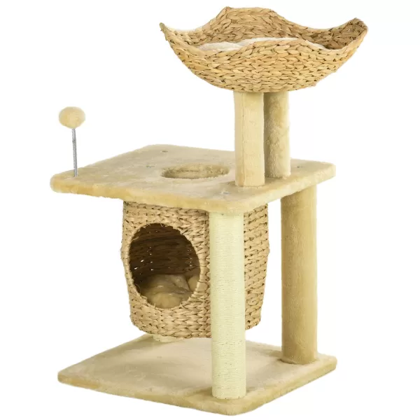 Image of PawHut Cat Tree for Indoor Cats with Scratching Posts, Cat House, Bed, Toy Ball, Beige