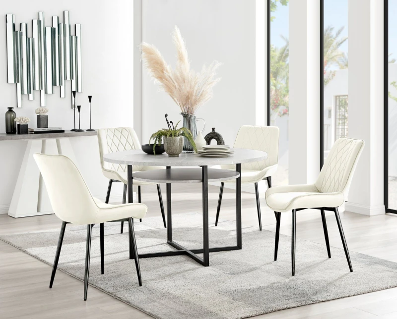 Image of FurnitureboxUK FurnitureboxUK Adley Grey Concrete Effect And Black Round Dining Table with Shelf and 4 Velvet Pesaro Dining Chairs in Cream Cream One