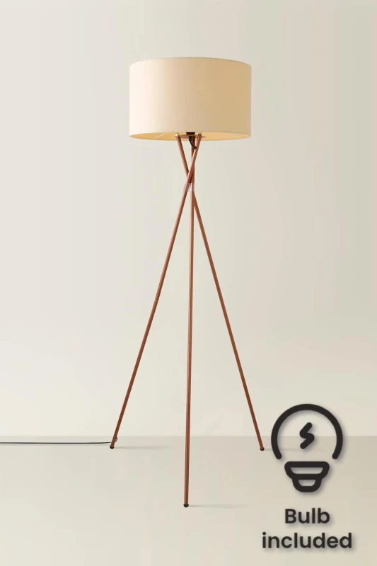 Image of ValueLights ValueLights Camden Copper Metal Tripod Floor Lamp with Drum Lamp Shade and Bulb in Natural Natural One Size Unisex 5055759993207