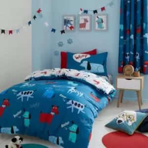 Image of Catherine Lansfield Kids Woofing Dogs Reversible Easy Care Duvet Cover Set, Blue, Single