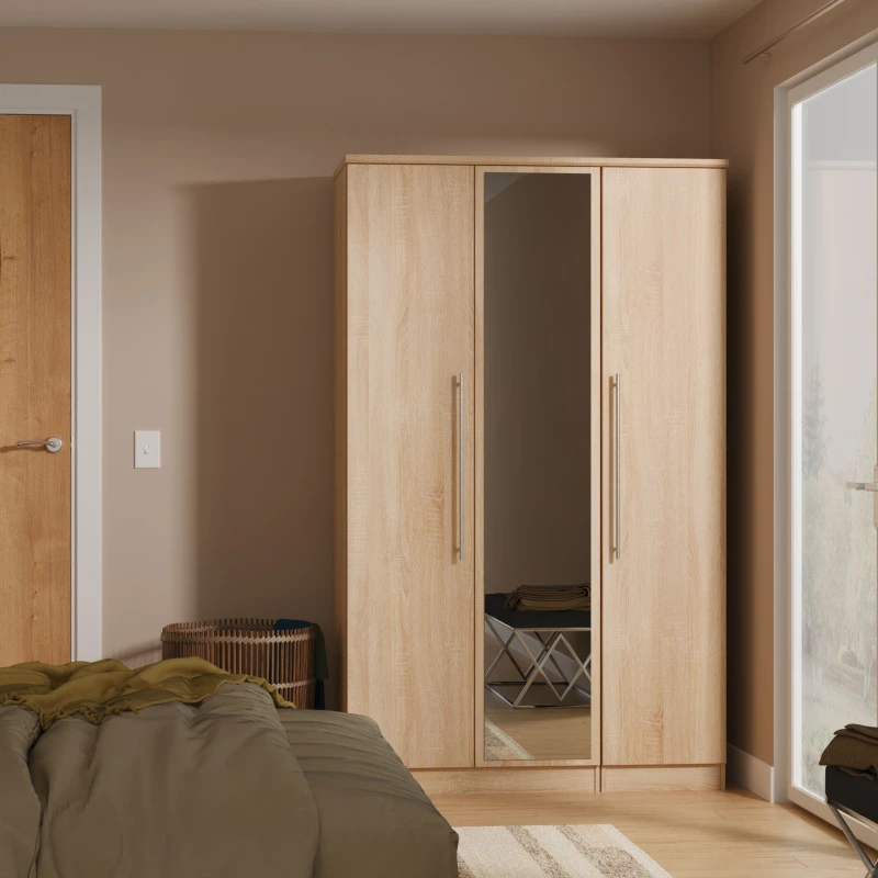 Image of Welcome Furniture Ready Assembled Sherwood Triple Mirror Wardrobe In Bardolino Oak SHE137BO