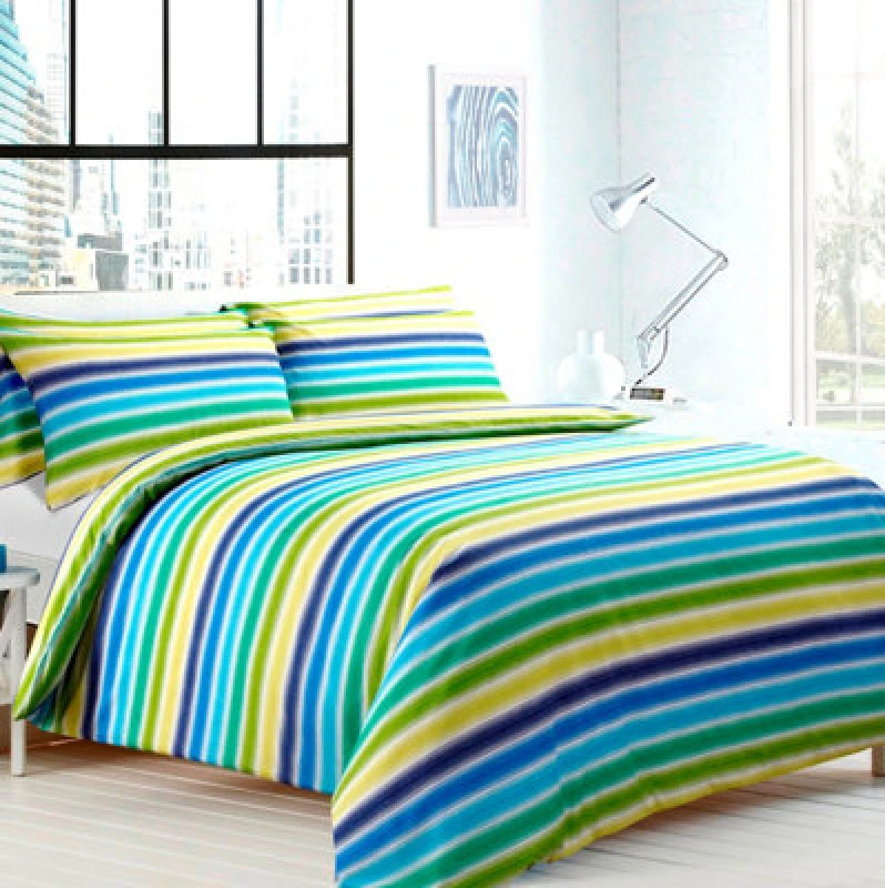 Image of Velosso Vibrant Striped Cotton Blend Duvet Cover & Pillowcase Set, Modern Bedroom Decor With Durable Button Enclosure - Blue