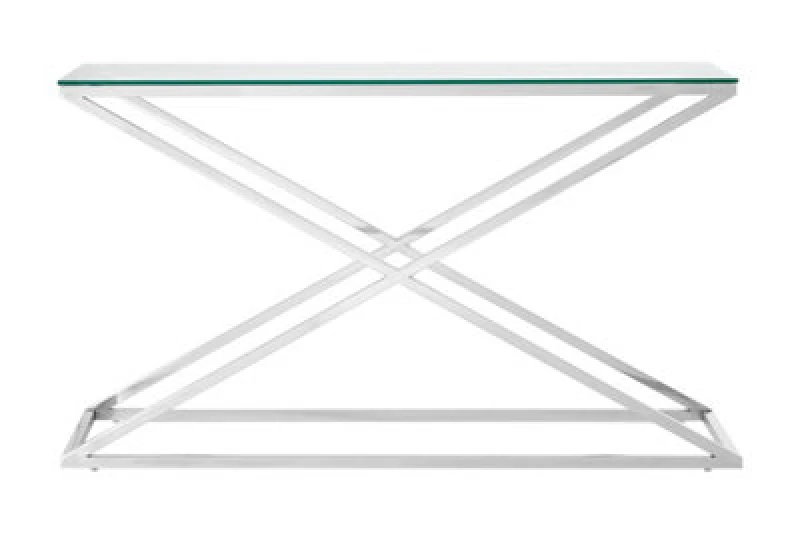 Image of Orsina Glass Top Criss Cross Console Table, Stainless Steel And Glass Console Table, Contemporary Hallway Table