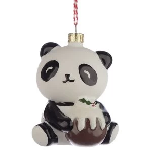 Image of Panda with Christmas Pudding Glass Christmas Bauble Decoration