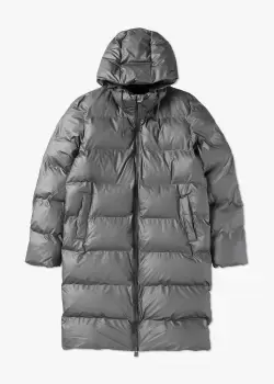 Image of Rains Womens Alta Long Puffer Coat In Metallic Grey