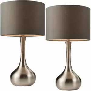 Image of 2 PACK Touch Dimmer Table Lamp Satin Nickel & Grey Shade Metal Bedside Light
