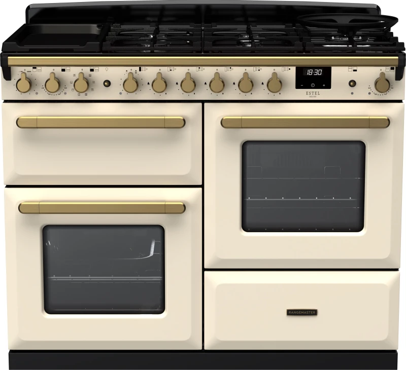 Image of Rangemaster Estel Deluxe ESDLO110DFPPCR/AB1 110cm Dual Fuel Range Cooker - Cream / Antique Brass - A/A Rated