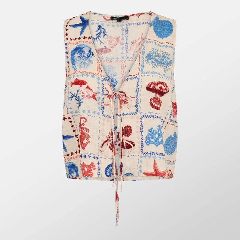 Image of Nobodys Child Cream Linen-blend Shell Print Tie Front Top Ariel female 12 (M)