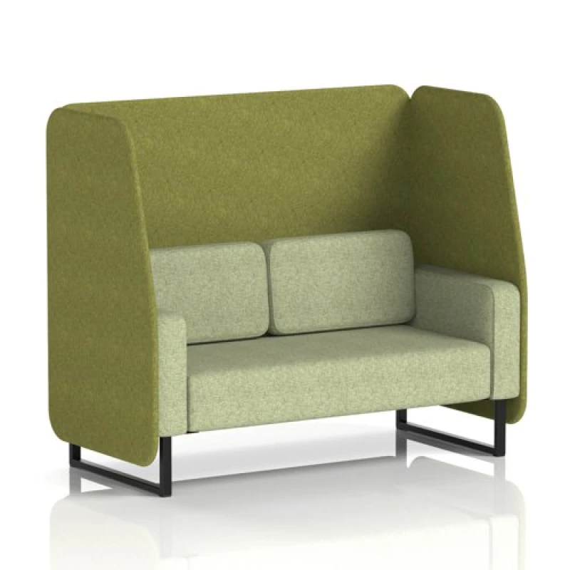Image of Brixworth 2 Seater Open Office Booth with Black Legs in Rivet Fabric - Olive Panels and Burnish Sofa