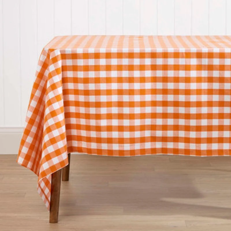 Image of Homescapes Block Check Cotton Gingham Tablecloth, 137cm x 178cm Orange